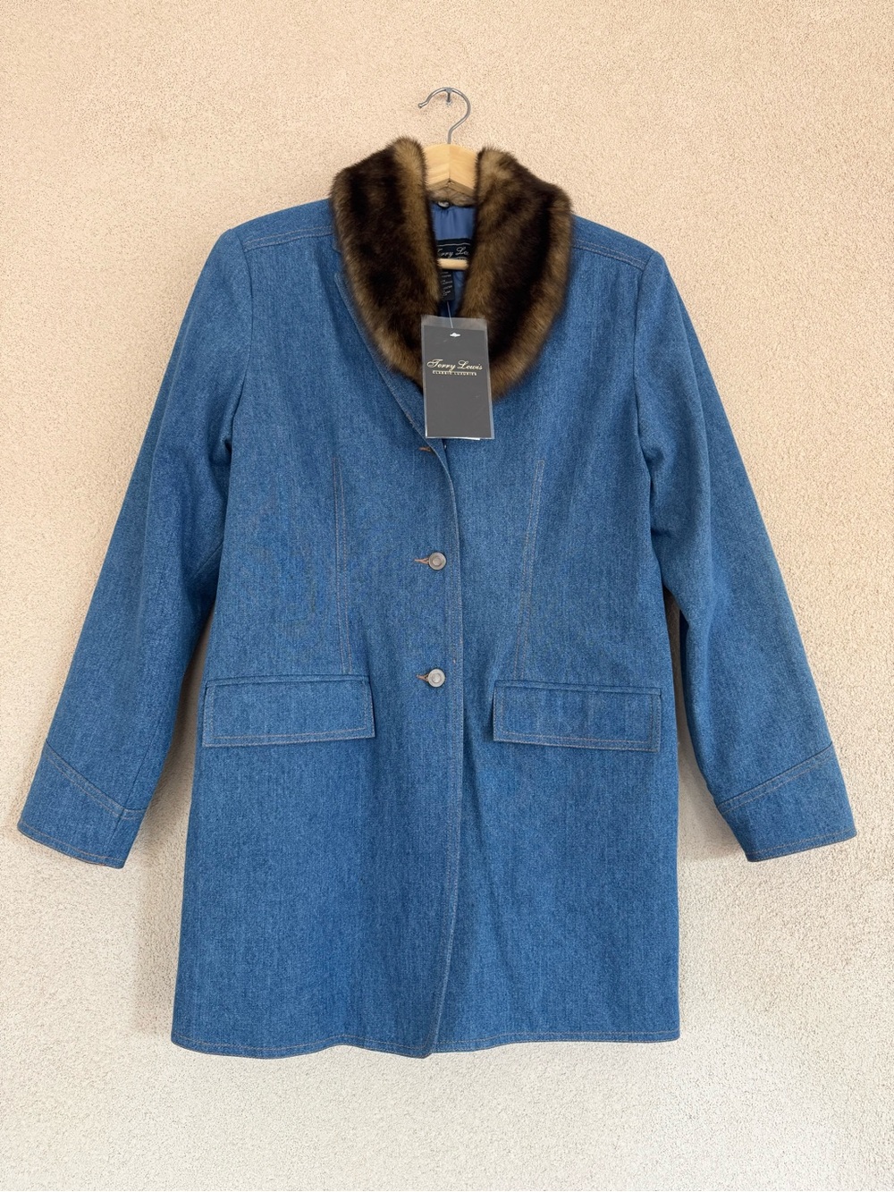🆕Terry Lewis Classic Luxuries Denim Trench Coat with Detachable Faux Fur Collar